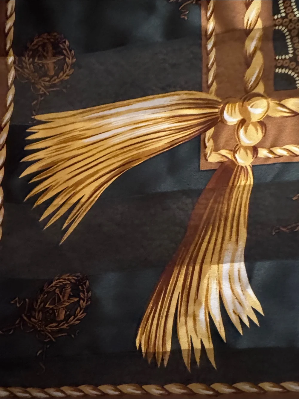 Anne Klein Dark Green and Gold Rope-Tassel Silk Scarf
